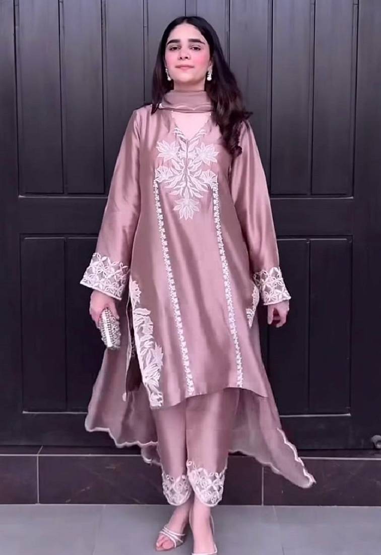 Peach natural crep silk party wear embroidery suit set