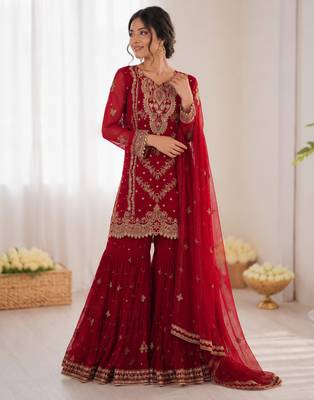 Red georgette thread with embroidered sharara suit 2
