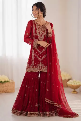 Red georgette thread with embroidered sharara suit