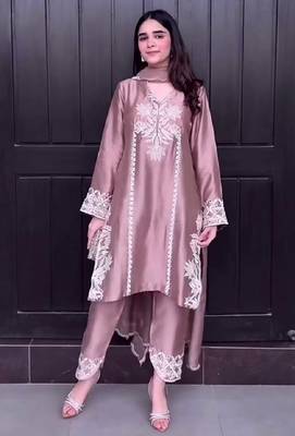 Peach natural crep silk party wear embroidery suit set 2