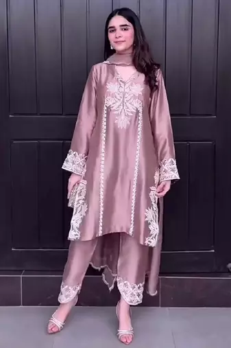 Peach natural crep silk party wear embroidery suit set