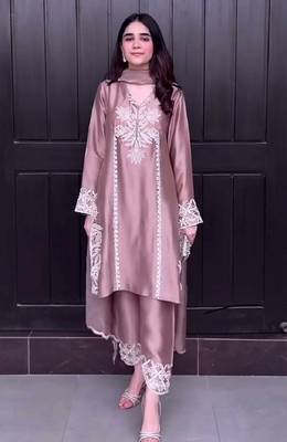 Peach natural crep silk party wear embroidery suit set 3
