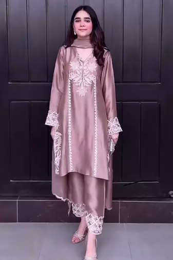 Peach natural crep silk party wear embroidery suit set