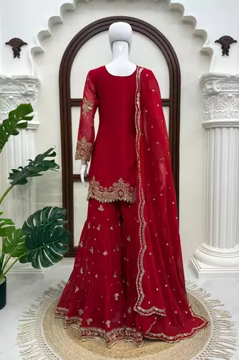 Red georgette thread with embroidered sharara suit