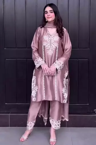 Peach natural crep silk party wear embroidery suit set