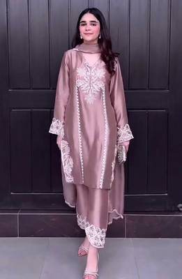 Peach natural crep silk party wear embroidery suit set 5