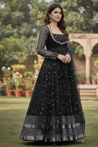 Black maslin cotton party wear embroidery anarkali suit set