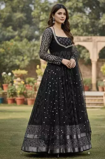 Black maslin cotton party wear embroidery anarkali suit set