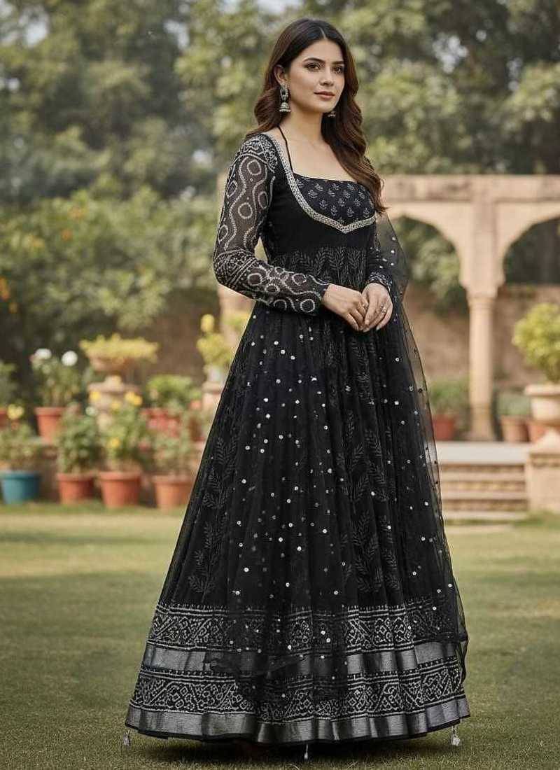 Black maslin cotton party wear embroidery anarkali suit set