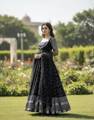 Black maslin cotton party wear embroidery anarkali suit set 2