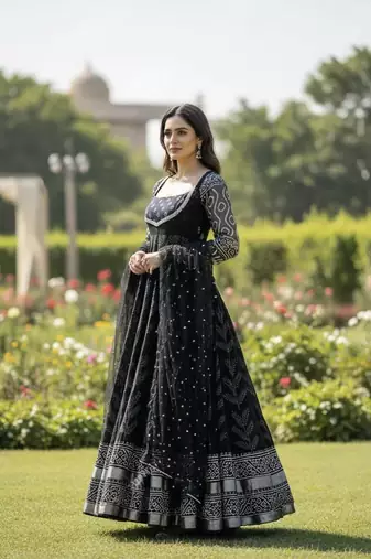 Black maslin cotton party wear embroidery anarkali suit set