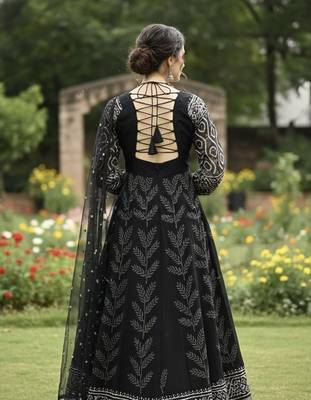 Black maslin cotton party wear embroidery anarkali suit set 3
