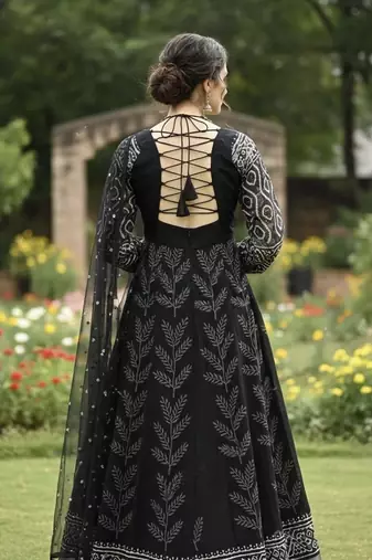 Black maslin cotton party wear embroidery anarkali suit set
