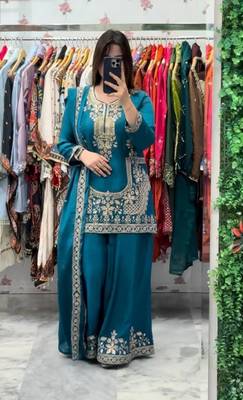 sky blue natural crepe silk party wear embroidered suit set 1