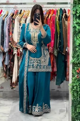 Sky blue natural crep silk  party wear embroidery suit set