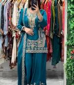 Sky blue natural crep silk  party wear embroidery suit set