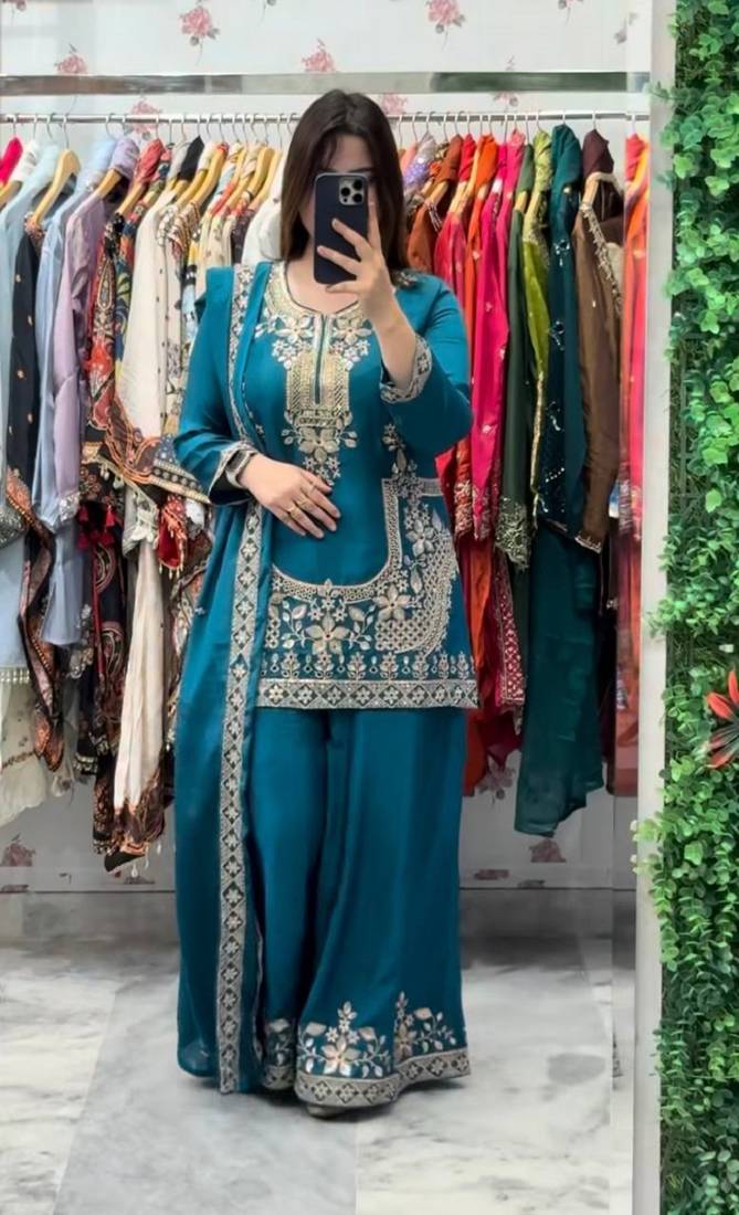 Sky blue natural crep silk  party wear embroidery suit set