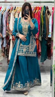 sky blue natural crepe silk party wear embroidered suit set 2