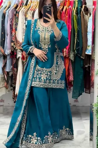 Sky blue natural crep silk  party wear embroidery suit set