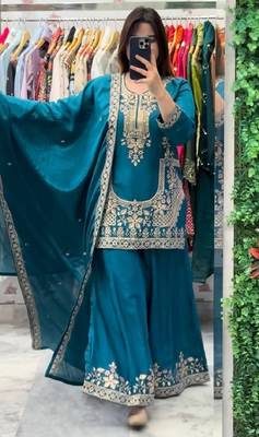 sky blue natural crepe silk party wear embroidered suit set 3