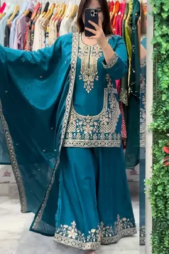 Sky blue natural crep silk  party wear embroidery suit set