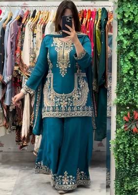 sky blue natural crepe silk party wear embroidered suit set 4