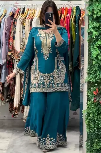 Sky blue natural crep silk  party wear embroidery suit set