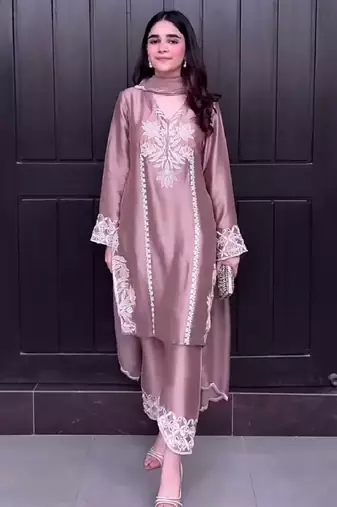 Sky blue natural crep silk  party wear embroidery suit set