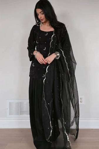 black natural crepe silk party wear embroidered suit set