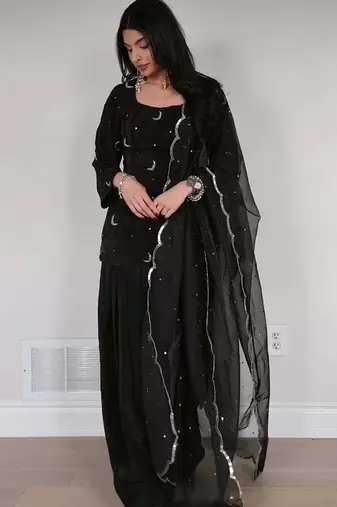 Black natural crep silk party wear embroidery suit set
