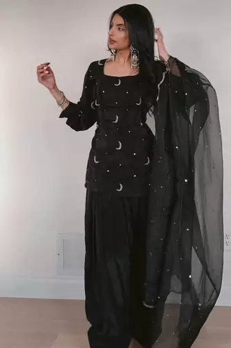 Black natural crep silk party wear embroidery suit set