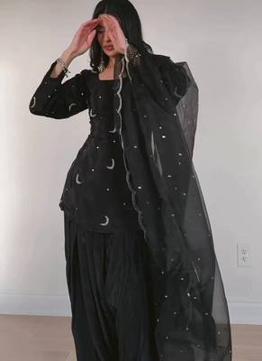black natural crepe silk party wear embroidered suit set 3