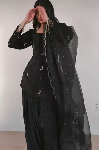Black natural crep silk party wear embroidery suit set