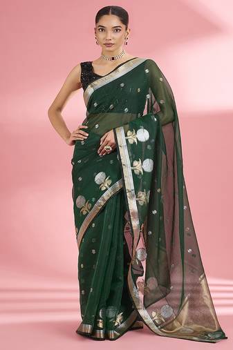 Dark green premium kota doria silk saree with zari work