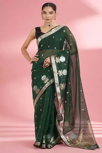 Dark green premium kota doria silk saree with zari work