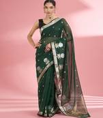 Dark green premium kota doria silk saree with zari work