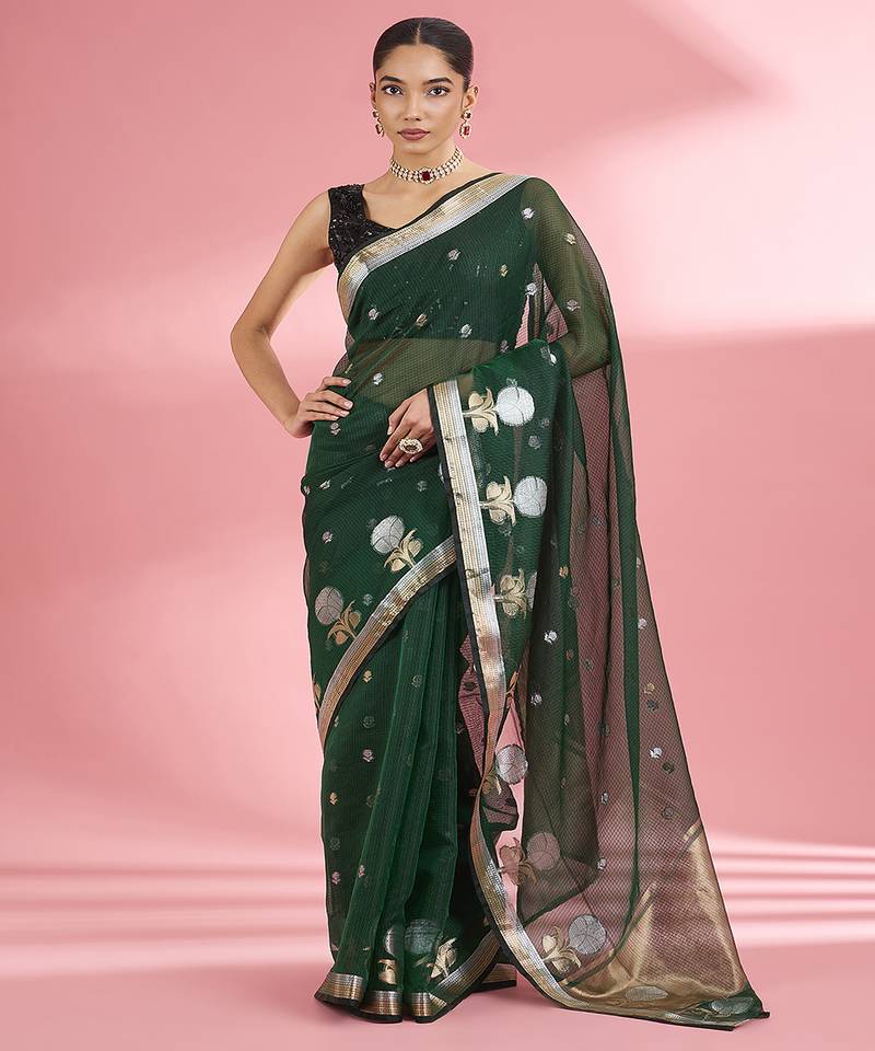 Dark green premium kota doria silk saree with zari work