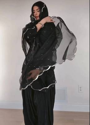 black natural crepe silk party wear embroidered suit set 4