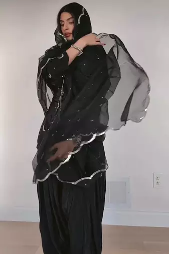 Black natural crep silk party wear embroidery suit set