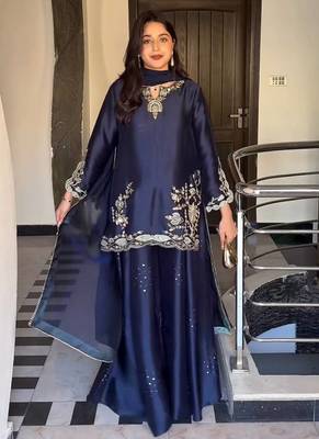 Blue natural crep silk party wear embroidery sharara suit set 1