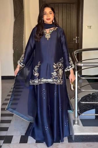 Blue natural crep silk party wear embroidery sharara suit set