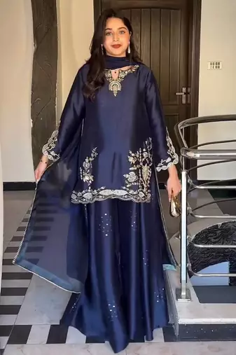 Blue natural crep silk party wear embroidery sharara suit set