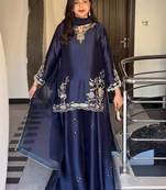 Blue natural crep silk party wear embroidery sharara suit set