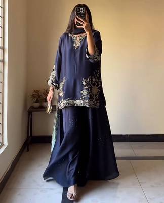 Blue natural crep silk party wear embroidery sharara suit set 2