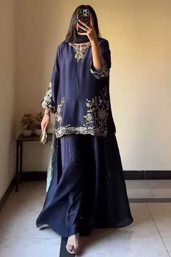 Blue natural crep silk party wear embroidery sharara suit set