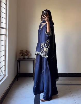 Blue natural crep silk party wear embroidery sharara suit set 3