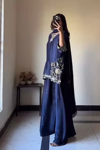 Blue natural crep silk party wear embroidery sharara suit set