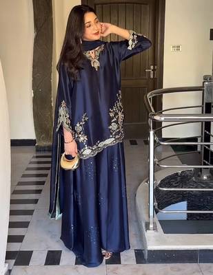 Blue natural crep silk party wear embroidery sharara suit set 4