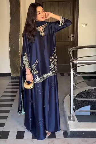 Blue natural crep silk party wear embroidery sharara suit set