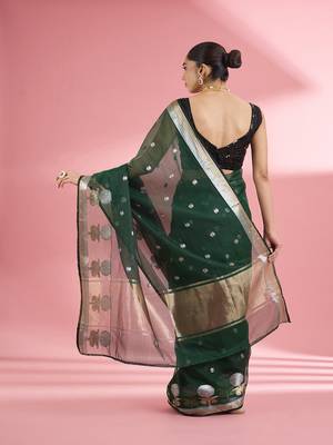 Dark green premium kota doria silk saree with zari work 2